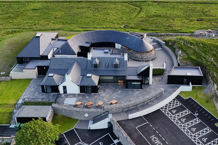 Aerial view of Calanais Visitor Centre and carpark